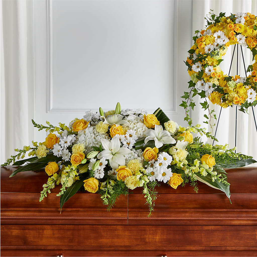 Golden Harmony Casket Spray – The Colonial Florist And Gift Shop, Huntingdon PA