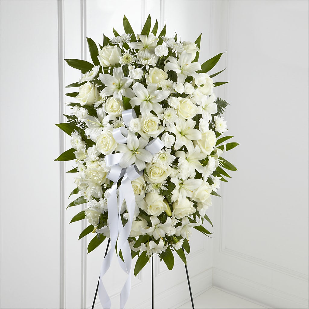 Exquisite Tribute Standing Spray-White Ribbon – The Colonial Florist And Gift Shop, Huntingdon PA