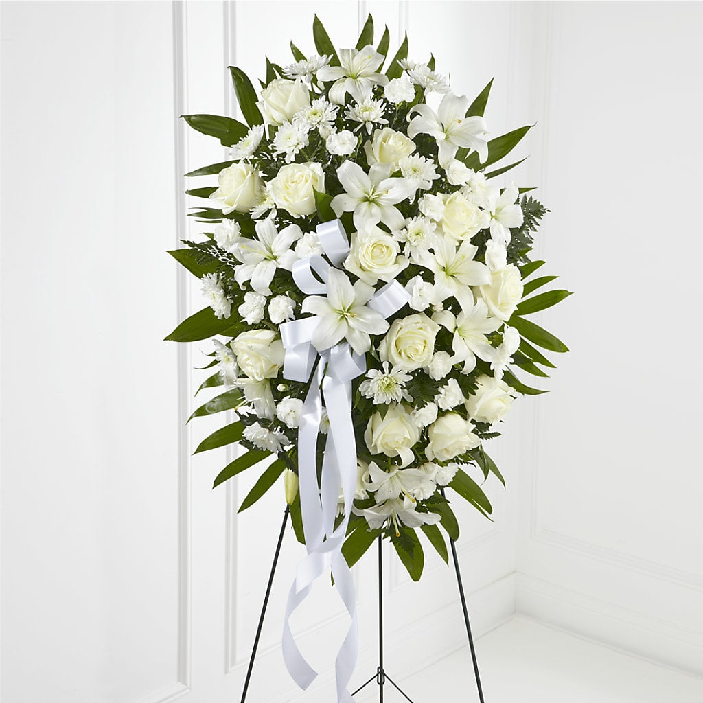 Exquisite Tribute Standing Spray-White Ribbon – The Colonial Florist And Gift Shop, Huntingdon PA