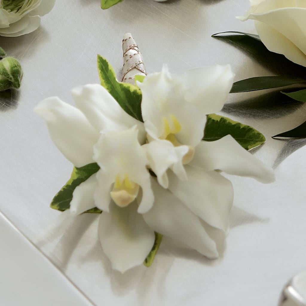 White Mini Cymbidium Boutonniere – The Colonial Florist And Gift Shop, Huntingdon PA